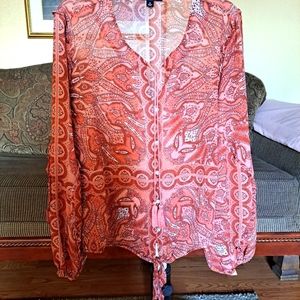 Ladies L/S Button Front Blouse with Tie Waist